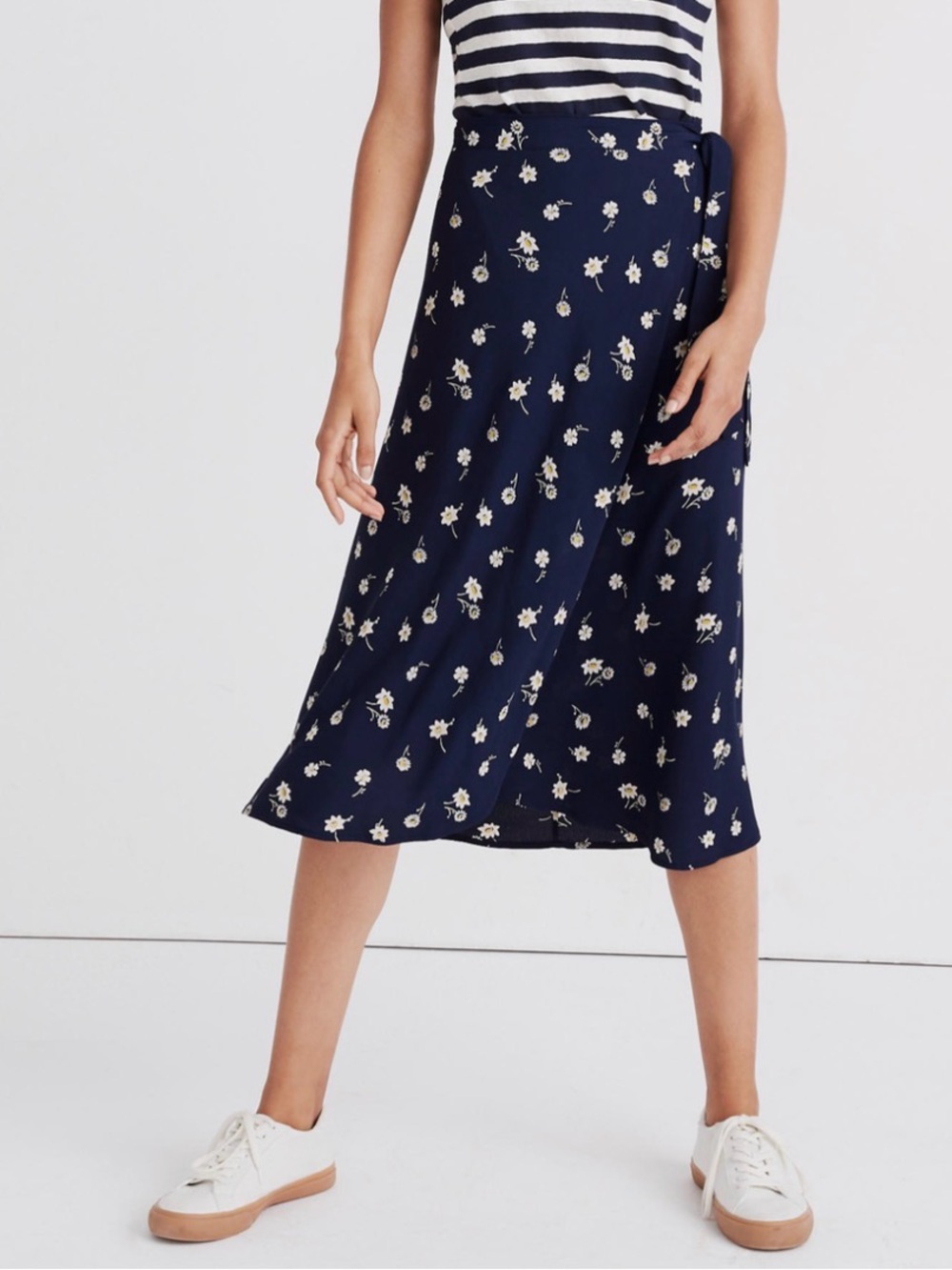 Madewell Navy Floral Wrap Midi Skirt with Tie Waist